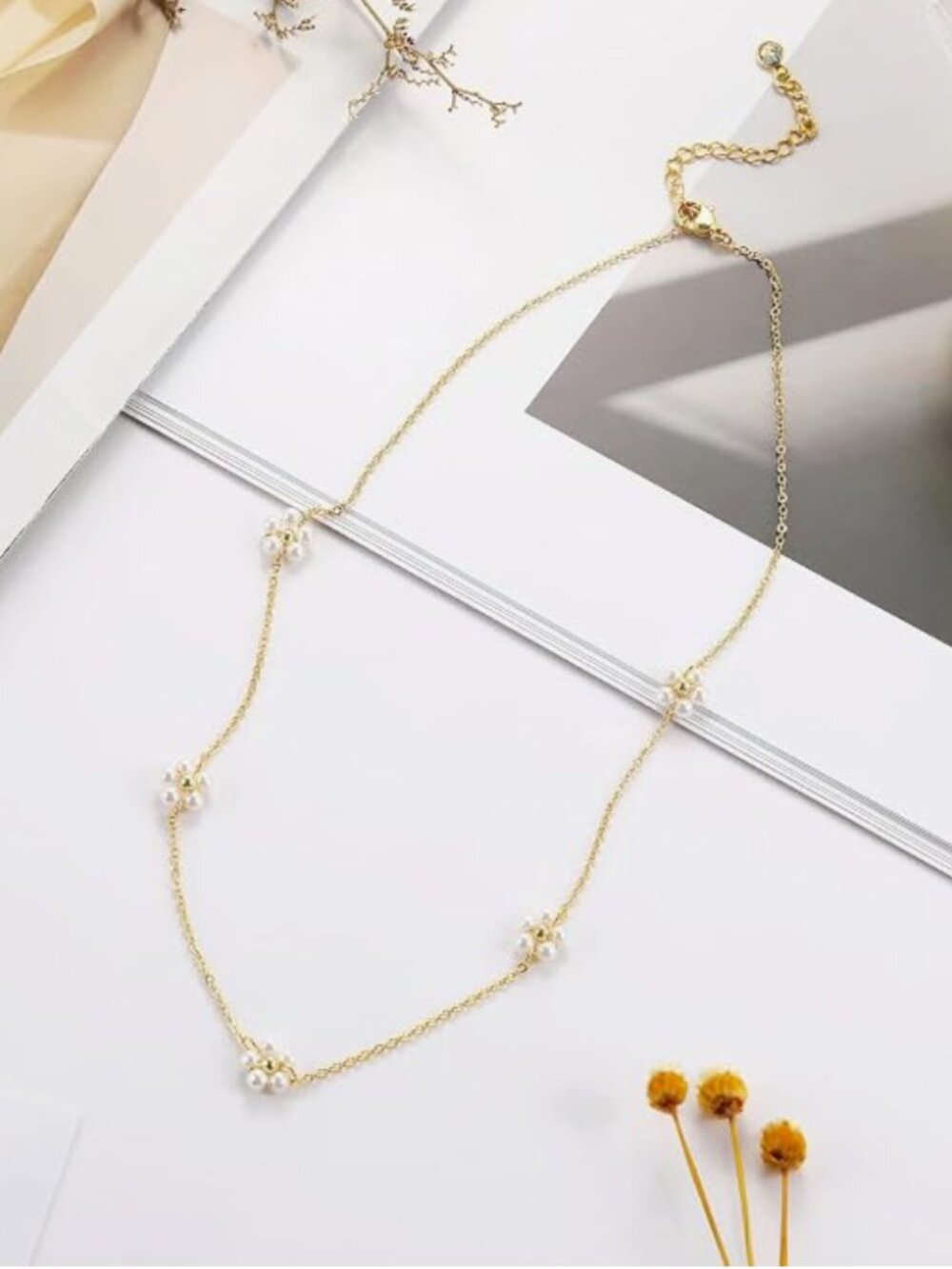 14k Gold Plated Dainty Pearl Flower Choker Necklace